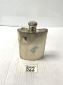 A HALLMARKED SILVER ENGINE TURNED RECTANGULAR CURVED SPIRIT FLASK, MAKER F BURTON CROSBEE, 13CMS,