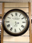 `A CIRCULAR MAHOGANY RAILWAY STATION CLOCK,S, E. R, BY - JNo WALKER LTD, 63 BOND STREET LONDON,