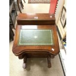 A REPRODUCTION VICTORIAN STYLE MAHOGANY DAVENPORT, WITH GREEN TOOLED LEATHER TOP.