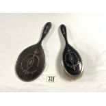 VICTORIAN HALLMARKED SILVER AND TORTOISESHELL BACKED OVAL HAND MIRROR AND MATCHING BRUSH, INLAID