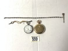 A JW BENSON SILVER POCKET WATCH AND CHAIN, IN ORIGINAL FITTED CASE, AND A WALTHAM FULL HUNTERGOLD