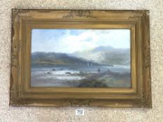 VICTORIAN OIL ON BOARD, MOUNTAIN RIVER LANDSCAPE WITH FIGURES FISHING IN THE FOREGROUND, 30 X 50
