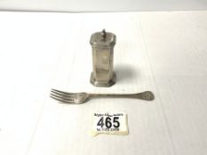 HALLMARKED SILVER PEPPER BY WALKER AND HALL WITH A HALLMARKED SILVER FORK 89 GRAMS