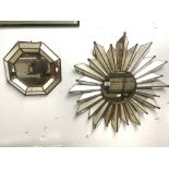 ANTIQUE MEXICAN METAL FRAMED STAR BURST WALL MIRROR, A/F 80 CMS, AND A OCTAGONAL METAL FRAMED