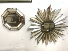 ANTIQUE MEXICAN METAL FRAMED STAR BURST WALL MIRROR, A/F 80 CMS, AND A OCTAGONAL METAL FRAMED