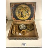 A MASONS CHALLENGE BLACKING BOX, WITH POLISH TIN, TWO TUNBRIDGE WARE BRUSHES, PAPIER MACHE BOX,