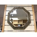 OCTAGONAL EMBOSSED BRASS DECORATED BEVELLED WALL MIRROR, 44 X 44 CM.