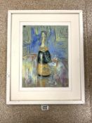 A STILL-LIFE PASTEL STUDY OF A BOTTLE OF CHAMPAGNE AND GLASS BY A SPANISH ARTIST, 26 X 35 CM.