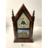 A ROSEWOOD ARCHITECTURAL DESIGN AMERICAN MANTEL CLOCK, WITH PAINTED GLASS PANEL OF MELROSE ABBEY AND