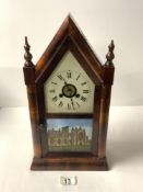 A ROSEWOOD ARCHITECTURAL DESIGN AMERICAN MANTEL CLOCK, WITH PAINTED GLASS PANEL OF MELROSE ABBEY AND