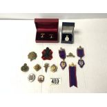 TWO HALLMARKED SILVER AND ENAMEL ODD FELLOWS LODGE MEDALS, AND OTHER ENAMEL METAL BADGES AND