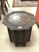 A BRASS INLAID AND CARVED MAHOGANY ANGLO-INDIAN OCTAGONAL TABLE, 53 X 55 CM.