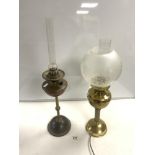 A VICTORIAN BRASS AND COPPER OIL LAMP, 42 CMS, AND A DUPLEX BRASS ELECTRIC OIL LAMP.