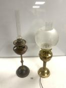 A VICTORIAN BRASS AND COPPER OIL LAMP, 42 CMS, AND A DUPLEX BRASS ELECTRIC OIL LAMP.