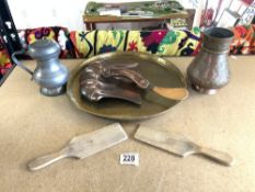 MIXED COPPER,BRASS AND PEWTER INCLUDES ART NOVEAU CRUMB TRAY AND BRUSH