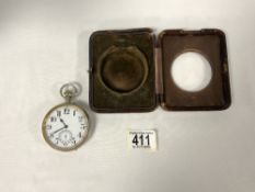 A LARGE SILVER-PLATED POCKET WATCH IN A LEATHER TRAVEL CASE, (CRACK TO CENTRE OF DIAL)