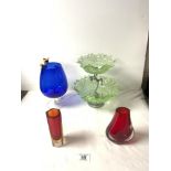 TWO MURANO RED GLASS VASES, 15 CMS, GLASS COMPORT AND CAT BRANDY GLASS.