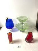 TWO MURANO RED GLASS VASES, 15 CMS, GLASS COMPORT AND CAT BRANDY GLASS.