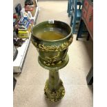 VICTORIAN GREEN AND YELLOW GLAZED DECORATIVE WARDLE CERAMIC JARDINIERE ON STAND, 92 CM.