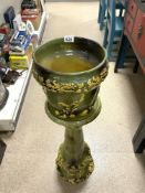 VICTORIAN GREEN AND YELLOW GLAZED DECORATIVE WARDLE CERAMIC JARDINIERE ON STAND, 92 CM.