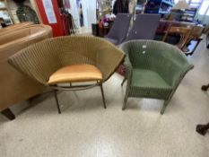 DATED 1936 GREEN WICKER AND BAMBOO CHAIR WITH A LUSTY LLOYD LOOM CHAIR