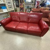 LARGE RED LEATHER THREE SEATER SOFA 210CM