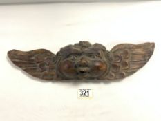 ANTIQUE MEXICAN CARVED SOFTWOOD PORTUGESE CHERUB WALL PLAQUE, 45 CMS.