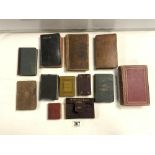 TWELVE SMALLL LEATHER AND CLOTH BOUND BOOKS - PROPER LESSONS, EVENING THOUGHTS, COWPERS POETICAL