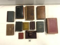 TWELVE SMALLL LEATHER AND CLOTH BOUND BOOKS - PROPER LESSONS, EVENING THOUGHTS, COWPERS POETICAL