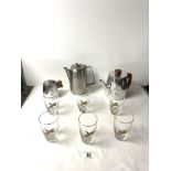 A SET OF SIX DUCK DECORATED GLASS TUMBLERS, AND A SONA ALUMINIUM TEA POT, WATER JUG AND MILK JUG.