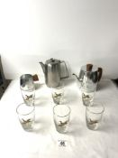 A SET OF SIX DUCK DECORATED GLASS TUMBLERS, AND A SONA ALUMINIUM TEA POT, WATER JUG AND MILK JUG.