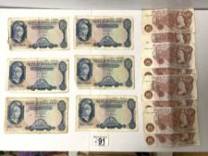SIX 1957- 1961 FIVE POUND NOTES - L K O "BRIEN CHIEF CASHIER AND EIGHT TEN SHILLING NOTES.