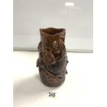 A BROWN GLAZED POTTERY EMBOSSED FISH VASE, 24 CMS.