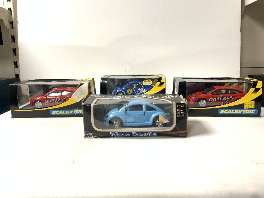 THREE BOXED SCALEXTRIC CARS, AND A DIE-CAST PLASTIC NEW BEETLE. - Image 2 of 3