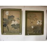 TWO JAPANESE WATERCOLOURS BIRDS AND FLOWERS 48 X 70 CM