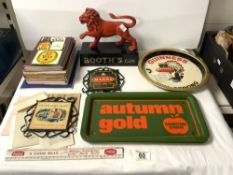A QUANTITY OF BREWERIANA, INCLUDES A BOOTH"S GIN PLASTIC LION, TWO AUTUMN GOLD TRAYS, GUINNESS TRAY,
