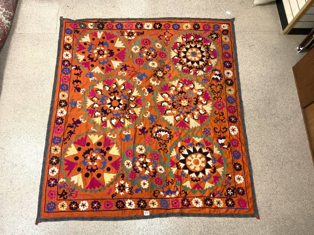 SUZANI FLORAL EMBROIDERED MULTICOLOURED WALL HANGING ON ORANGE BACKGROUND FROM UZBEKISTAN, `170 X