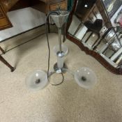 VINTAGE CHROME AND GLASS THREE BRANCH PENDANT CEILING LIGHT