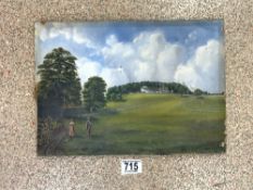 J, NASH -UNFRAMED OIL ON CANVAS - VIEW OF A RACE COURSE WITH FIGURES IN THE FOREGROUND, SIGNED AND