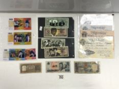 A QUANTITY OF BEATLES FAUX BANK NOTES, INDIAN BANK NOTES, AND COPIES OF OLD ENGLISH BANK NOTES.