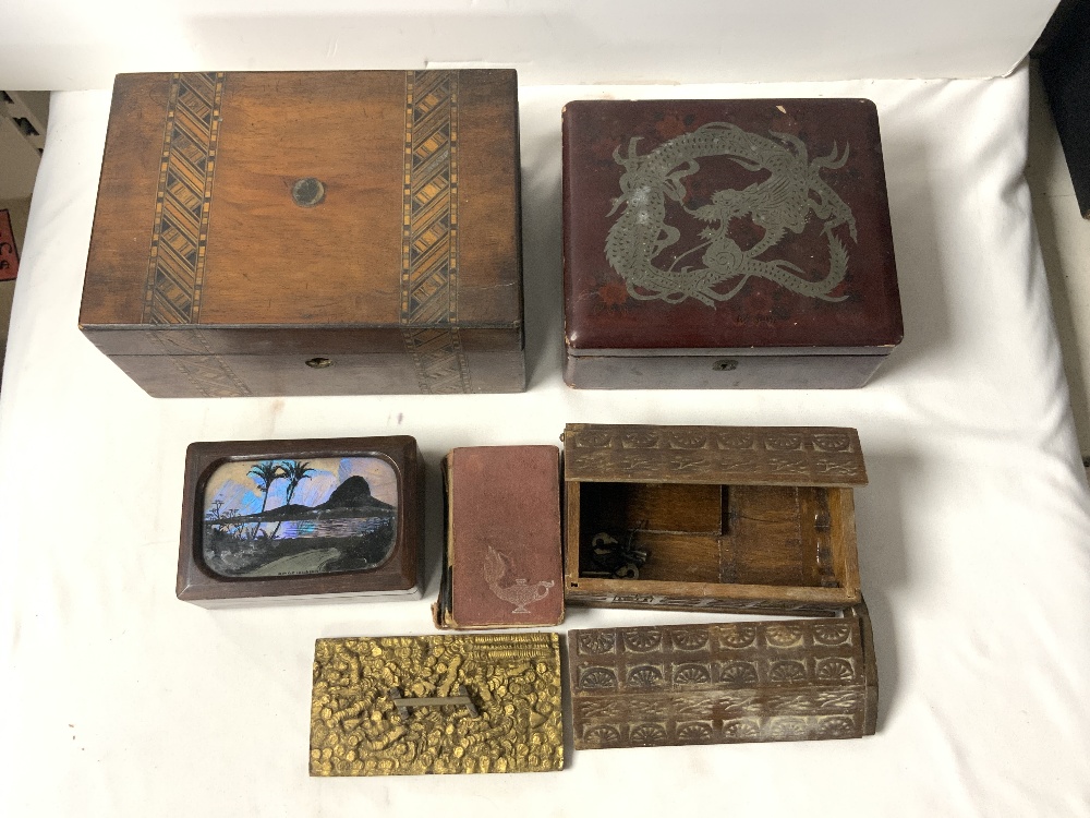 A PARQUETRY INLAID BOX, BUTTERFLY WING BOX, AND TWO OTHERS AND OTHER ITEMS. - Image 2 of 4