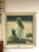 OIL ON BOARD - GIRL SITTING ON ROCK, SIGNED B HUTCHEY, 40 X 44 CM.