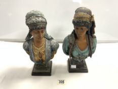 A PAIR OF ANTIQUE COLD PAINTED ON SPELTER BUSTS OF MIDDLE EASTERN LADIES, 30 CMS.