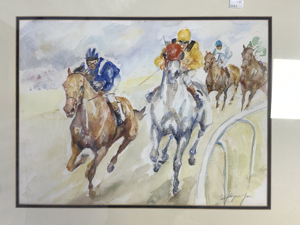 TWO MODERN WATERCOLOURS OF HORSE RACING AND ONE OIL, 50X40 CMS. - Image 2 of 7