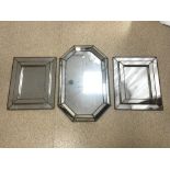 THREE ANTIQUE MEXICAN GLASS AND METAL WALL MIRRORS LARGEST 80 X 50 CM A/F