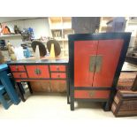 CHINESE BLACK AND RED PAINTED SLIM 4 DRAWER HALL CABINET, 100 X 26 X 86 CM, AND A SIMILAR TWO-DOOR