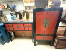 CHINESE BLACK AND RED PAINTED SLIM 4 DRAWER HALL CABINET, 100 X 26 X 86 CM, AND A SIMILAR TWO-DOOR