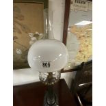 VINTAGE COLUMN SHAPED OIL LAMP WITH MILK WHITE SHADE 75CM