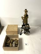 A VICTORIAN BRASS AND IRON MICROSCOPE BY - W WATSON & SONS LTD LONDON, AND CONDENSOR HOLDERS