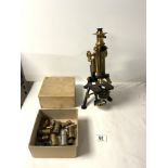 A VICTORIAN BRASS AND IRON MICROSCOPE BY - W WATSON & SONS LTD LONDON, AND CONDENSOR HOLDERS